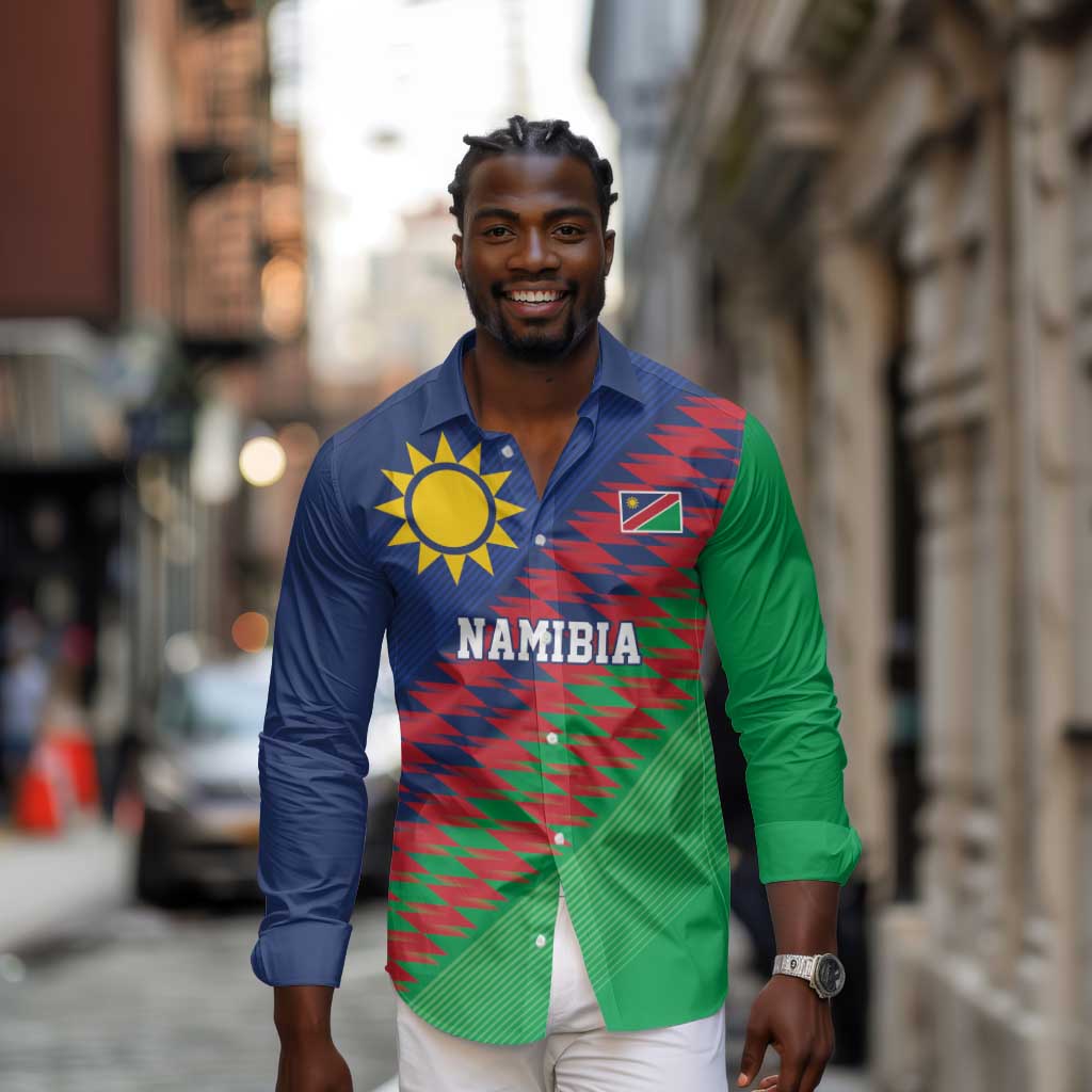 Custom Cricket African Namibia Long Sleeve Button Shirt Namibian Sporty Pattern Flag Motif - African Pride