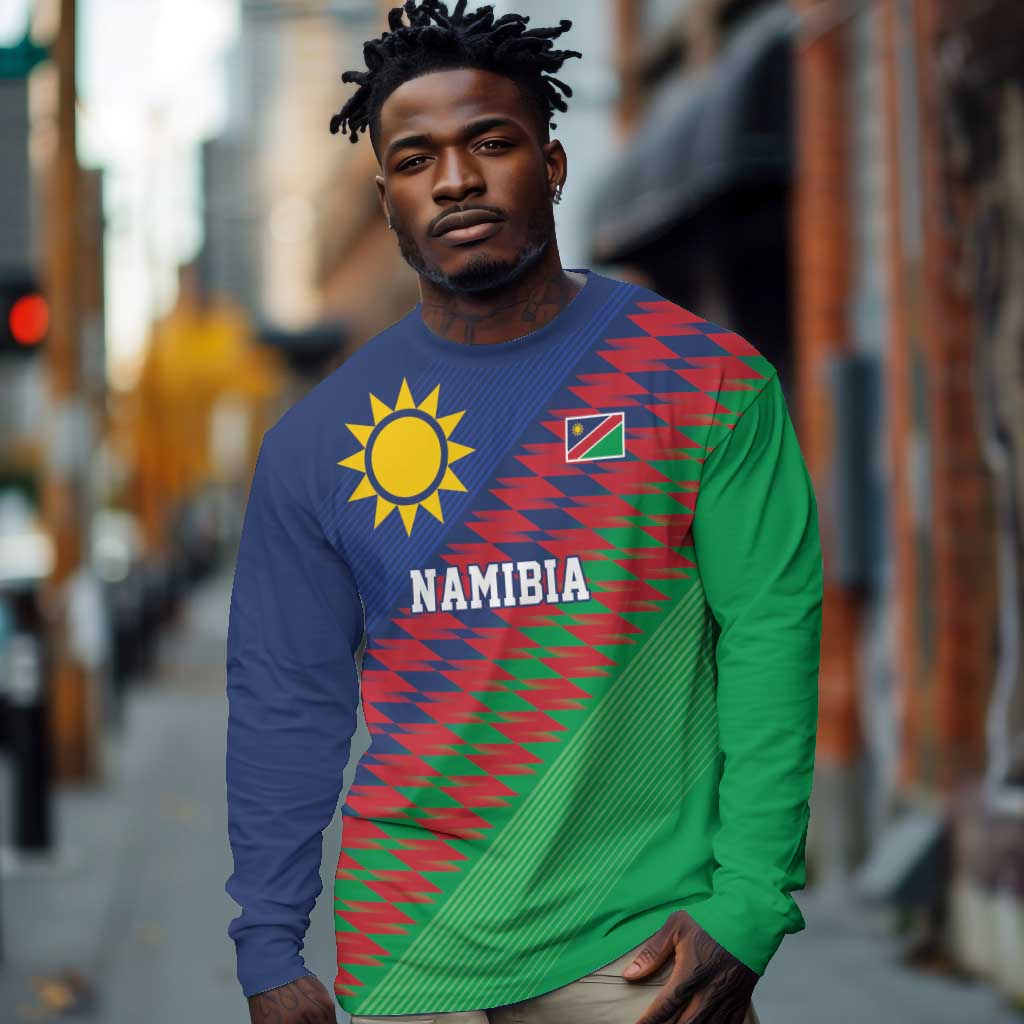 Custom Cricket African Namibia Long Sleeve Shirt Namibian Sporty Pattern Flag Motif - African Pride