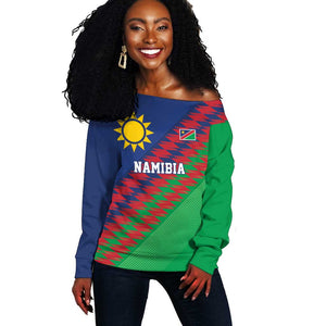 Custom Cricket African Namibia Off Shoulder Sweater Namibian Sporty Pattern Flag Motif - African Pride
