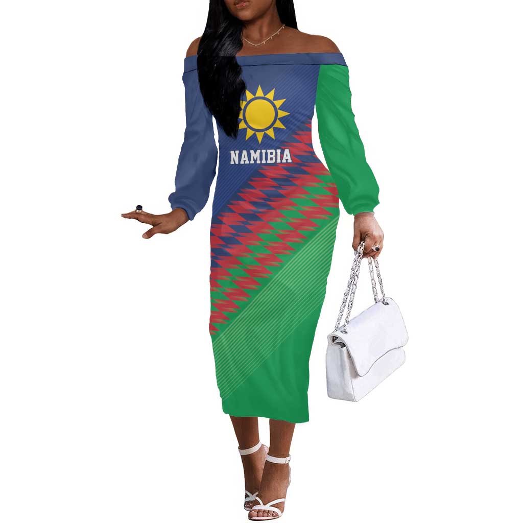 Custom Cricket African Namibia Off The Shoulder Long Sleeve Dress Namibian Sporty Pattern Flag Motif - African Pride