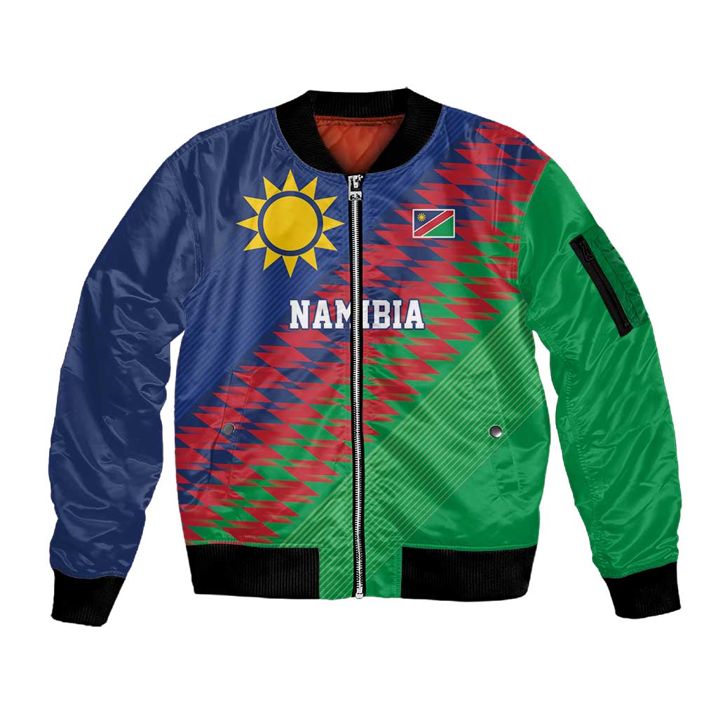 Custom Cricket African Namibia Sleeve Zip Bomber Jacket Namibian Sporty Pattern Flag Motif - African Pride