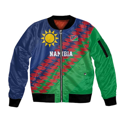Custom Cricket African Namibia Sleeve Zip Bomber Jacket Namibian Sporty Pattern Flag Motif - African Pride