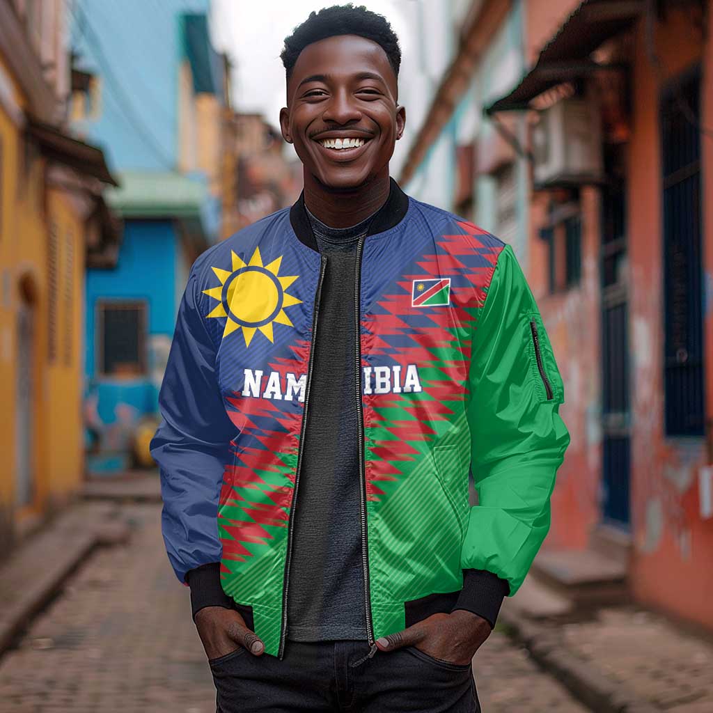 Custom Cricket African Namibia Sleeve Zip Bomber Jacket Namibian Sporty Pattern Flag Motif - African Pride