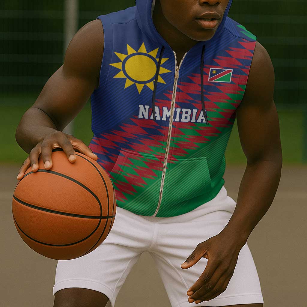 Custom Cricket African Namibia Sleeveless Zip Hoodie Namibian Sporty Pattern Flag Motif - African Pride
