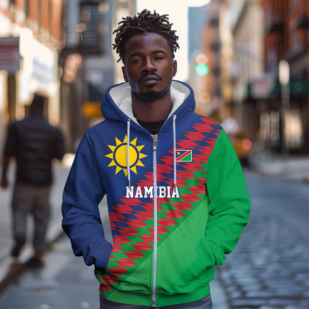 Custom Cricket African Namibia Zip Hoodie Namibian Sporty Pattern Flag Motif - African Pride