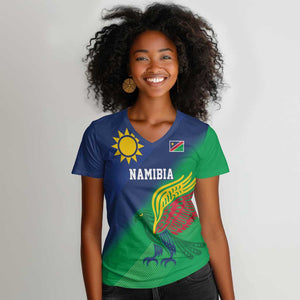 Custom Rugby African Namibia Women V-Neck T-Shirt Welwitschias African Fish Eagle - African Pride