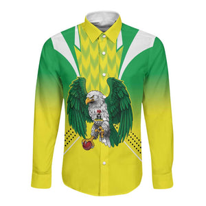 Custom Cricket African Nigeria Long Sleeve Button Shirt Najeriya Yellow Greens Eagle - African Pride