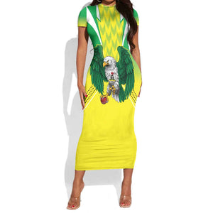 Custom Cricket African Nigeria Short Sleeve Bodycon Dress Najeriya Yellow Greens Eagle - African Pride