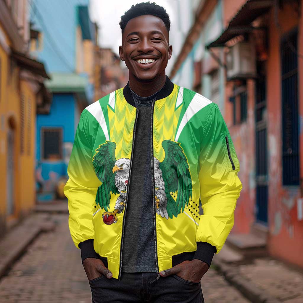 Custom Cricket African Nigeria Sleeve Zip Bomber Jacket Najeriya Yellow Greens Eagle - African Pride