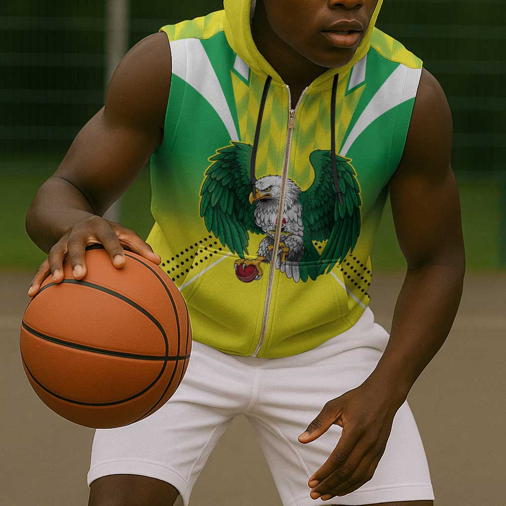 Custom Cricket African Nigeria Sleeveless Zip Hoodie Najeriya Yellow Greens Eagle - African Pride