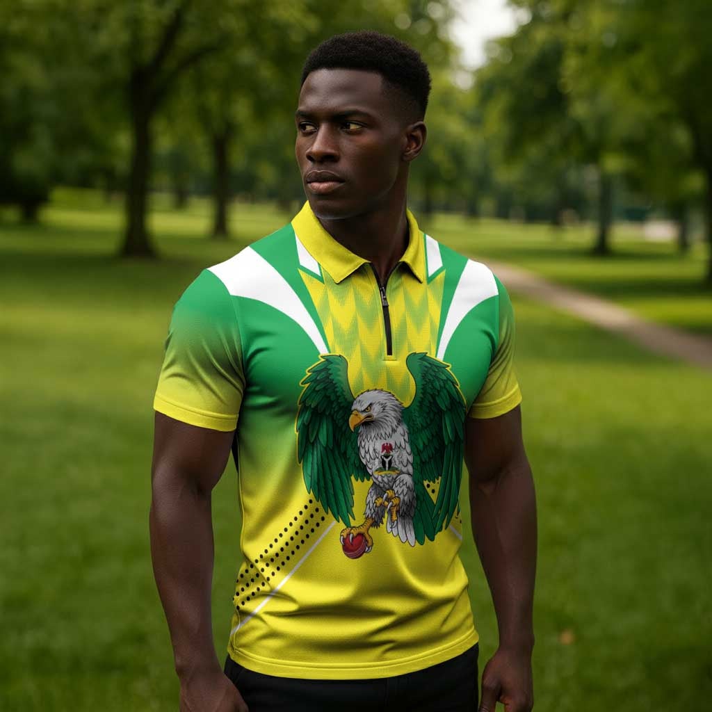 Custom Cricket African Nigeria Zipper Polo Shirt Najeriya Yellow Greens Eagle