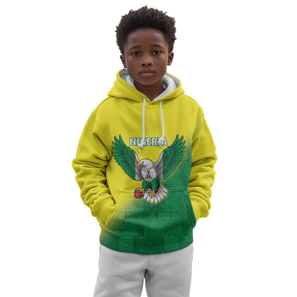 Custom Cricket African Nigeria Kid Hoodie Najeriya Angry Eagle Flag Motif - African Pride