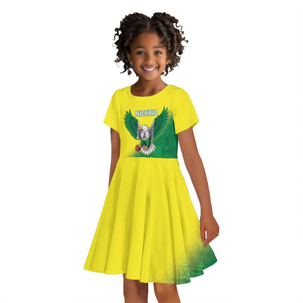 Custom Cricket African Nigeria Kid Short Sleeve Dress Najeriya Angry Eagle Flag Motif - African Pride