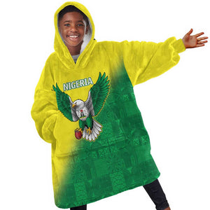 Custom Cricket African Nigeria Kid Wearable Blanket Hoodie Najeriya Angry Eagle Flag Motif - African Pride