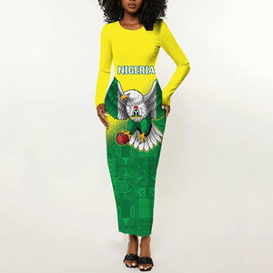 Custom Cricket African Nigeria Long Sleeve Bodycon Dress Najeriya Angry Eagle Flag Motif - African Pride