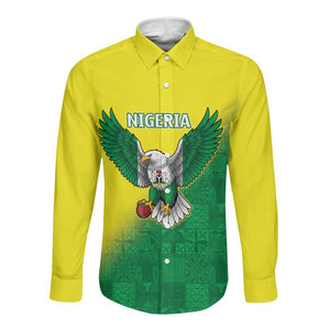 Custom Cricket African Nigeria Long Sleeve Button Shirt Najeriya Angry Eagle Flag Motif - African Pride