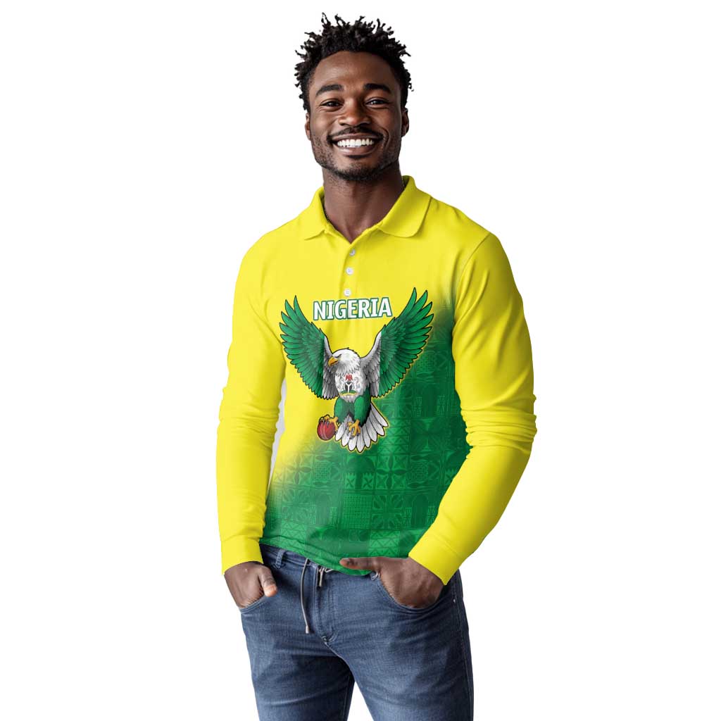 Custom Cricket African Nigeria Long Sleeve Polo Shirt Najeriya Angry Eagle Flag Motif - African Pride