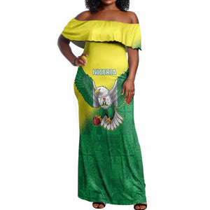 Custom Cricket African Nigeria Off Shoulder Maxi Dress Najeriya Angry Eagle Flag Motif - African Pride