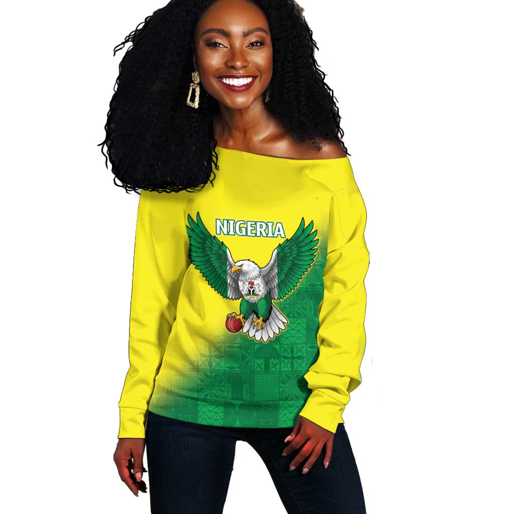 Custom Cricket African Nigeria Off Shoulder Sweater Najeriya Angry Eagle Flag Motif - African Pride