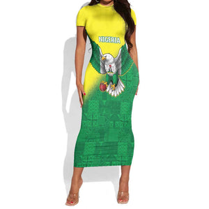 Custom Cricket African Nigeria Short Sleeve Bodycon Dress Najeriya Angry Eagle Flag Motif - African Pride