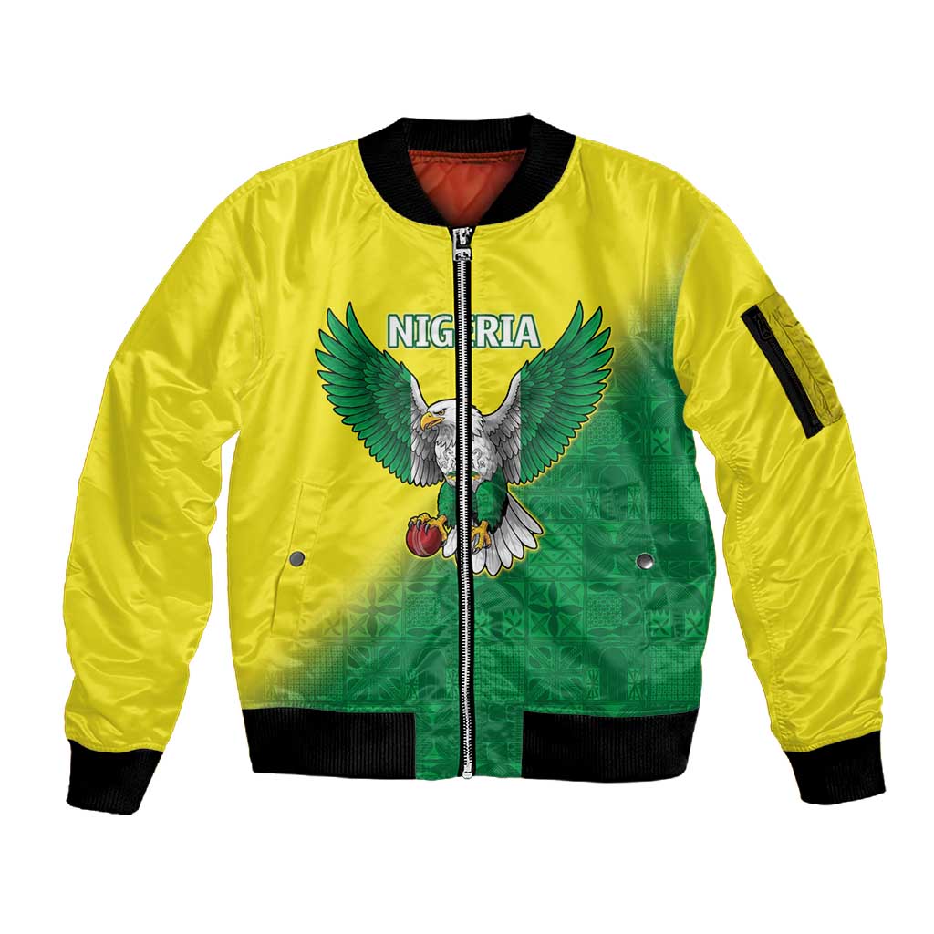 Custom Cricket African Nigeria Sleeve Zip Bomber Jacket Najeriya Angry Eagle Flag Motif - African Pride