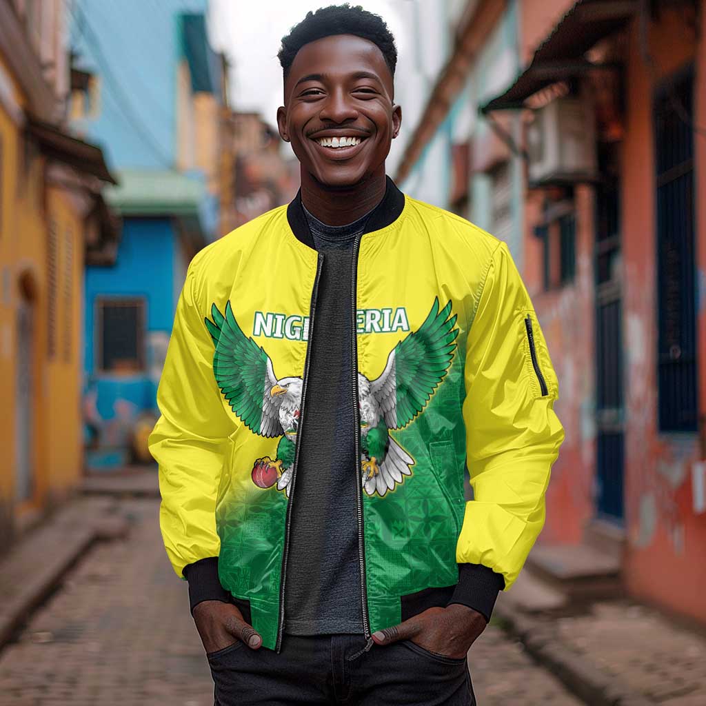 Custom Cricket African Nigeria Sleeve Zip Bomber Jacket Najeriya Angry Eagle Flag Motif - African Pride
