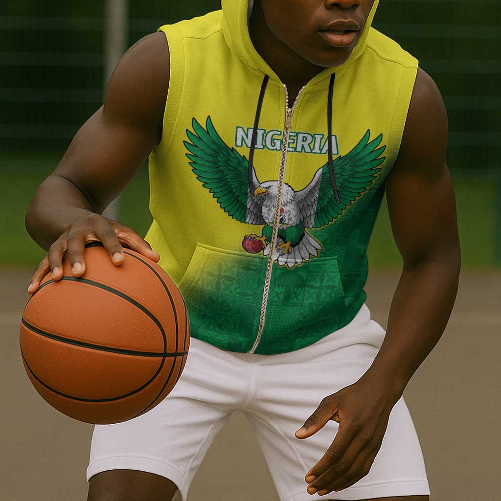 Custom Cricket African Nigeria Sleeveless Zip Hoodie Najeriya Angry Eagle Flag Motif - African Pride
