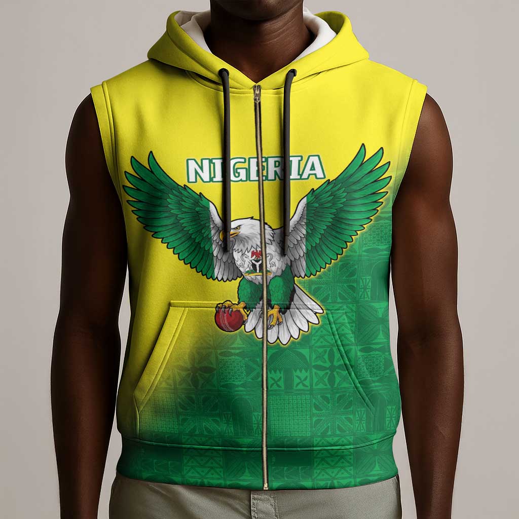 Custom Cricket African Nigeria Sleeveless Zip Hoodie Najeriya Angry Eagle Flag Motif - African Pride
