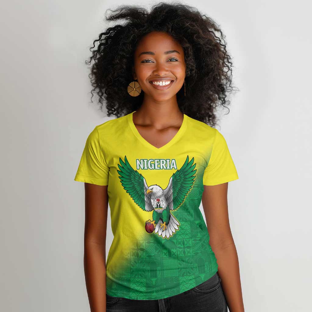 Custom Cricket African Nigeria Women V-Neck T-Shirt Najeriya Angry Eagle Flag Motif - African Pride