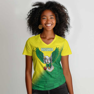 Custom Cricket African Nigeria Women V-Neck T-Shirt Najeriya Angry Eagle Flag Motif - African Pride