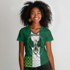 Custom Football African Nigeria Women V-Neck T-Shirt Retro Nigeria 20-21 Eagle Flag Motif - African Pride