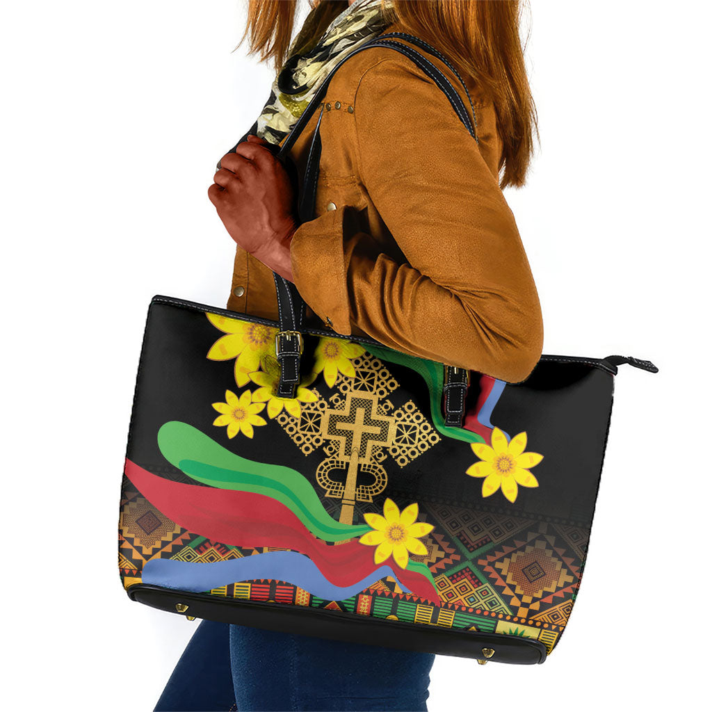 Eritrea Meskel Leather Tote Bag Eritrean Tribal Meskel Daisy Flag Inspired