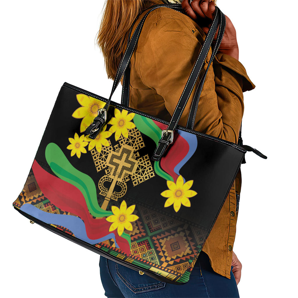 Eritrea Meskel Leather Tote Bag Eritrean Tribal Meskel Daisy Flag Inspired