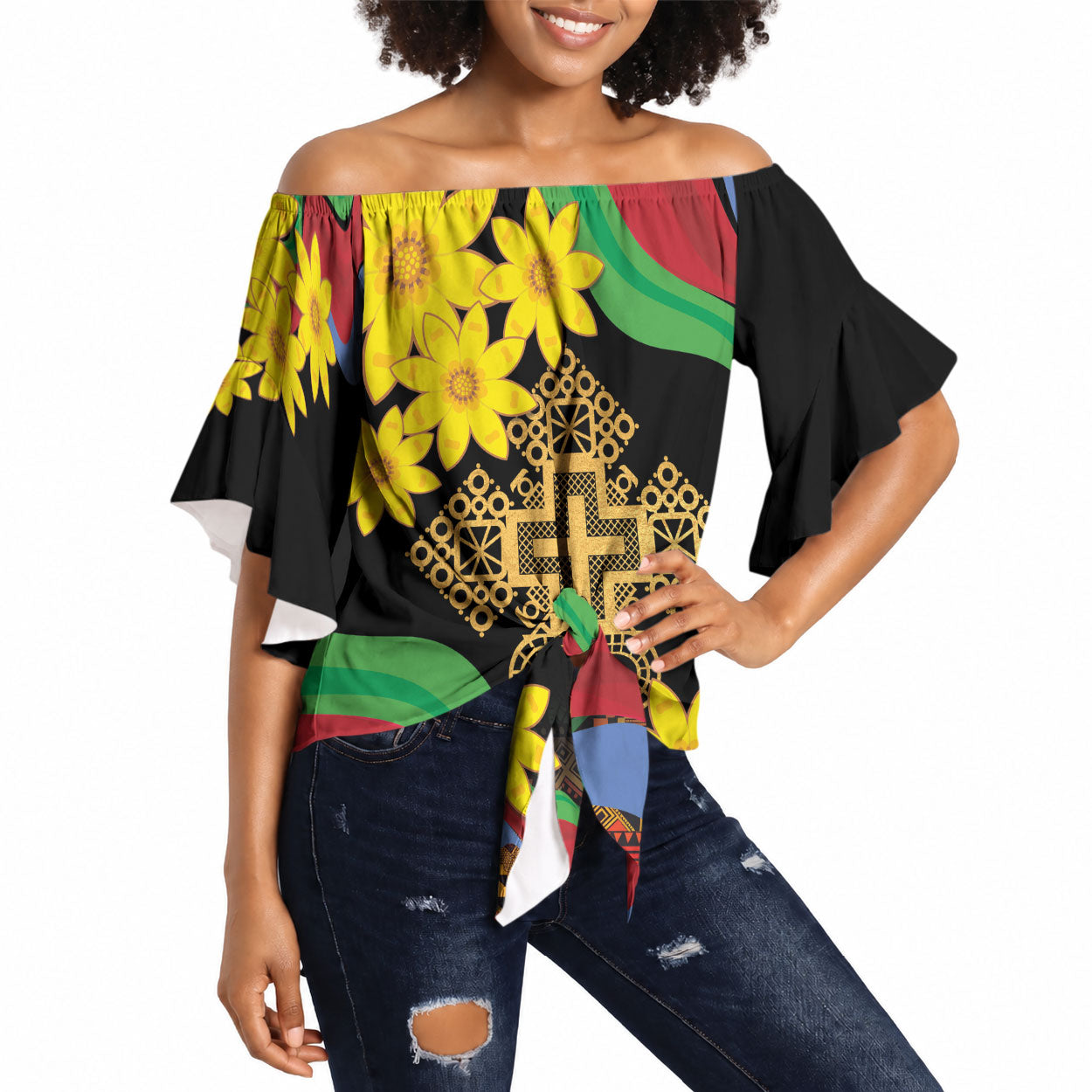 Eritrea Meskel Off Shoulder Wrap Waist Top Eritrean Tribal Meskel Daisy Flag Inspired