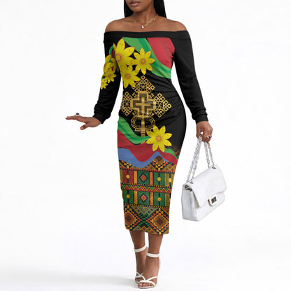 Eritrea Meskel Off The Shoulder Long Sleeve Dress Eritrean Tribal Meskel Daisy Flag Inspired