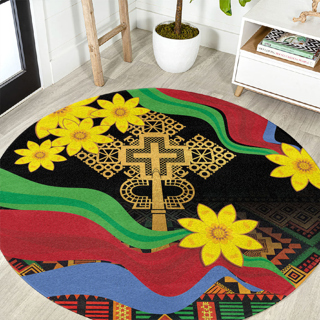 Eritrea Meskel Round Carpet Eritrean Tribal Meskel Daisy Flag Inspired