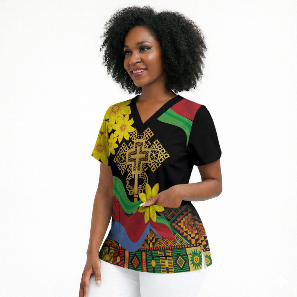 Eritrea Meskel Scrub Top Eritrean Tribal Meskel Daisy Flag Inspired