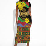 Eritrea Meskel Short Sleeve Bodycon Dress Eritrean Tribal Meskel Daisy Flag Inspired