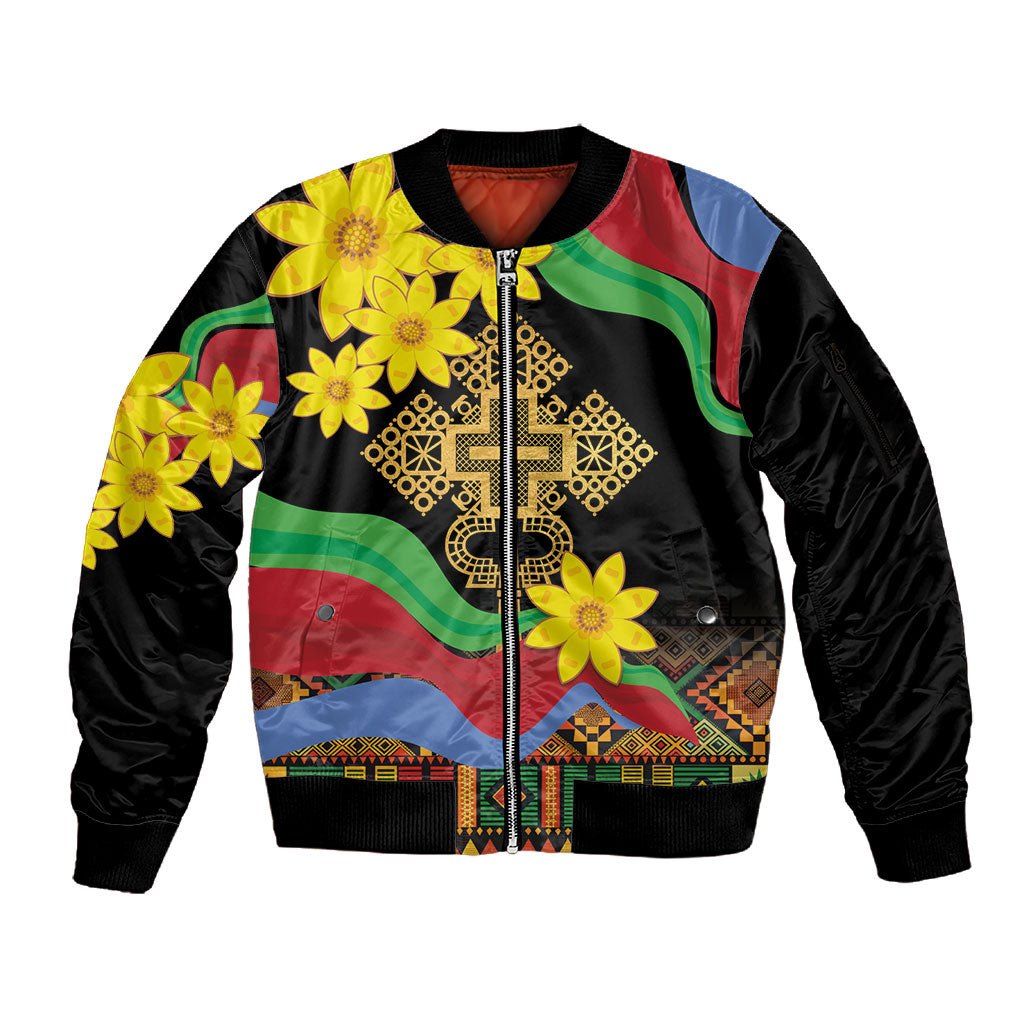 Eritrea Meskel Sleeve Zip Bomber Jacket Eritrean Tribal Meskel Daisy Flag Inspired