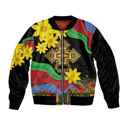 Eritrea Meskel Sleeve Zip Bomber Jacket Eritrean Tribal Meskel Daisy Flag Inspired