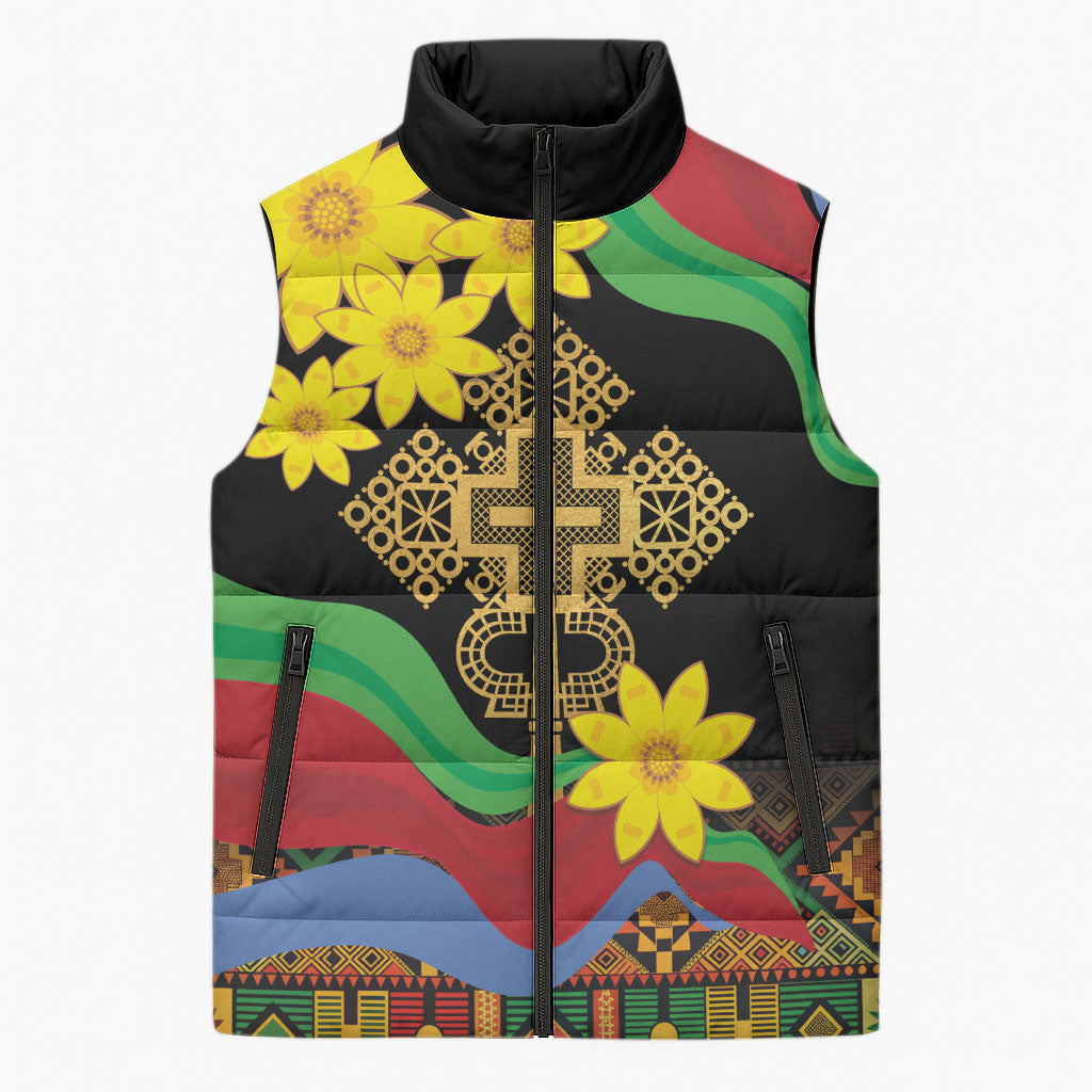 Eritrea Meskel Sleeveless Puffer Jacket Eritrean Tribal Meskel Daisy Flag Inspired