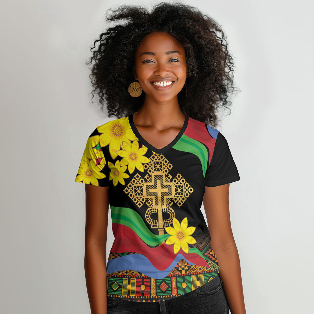 Eritrea Meskel Women V-Neck T-Shirt Eritrean Tribal Meskel Daisy Flag Inspired