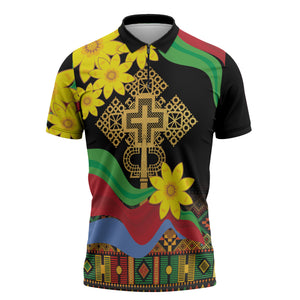 Eritrea Meskel Zipper Polo Shirt Eritrean Tribal Meskel Daisy Flag Inspired
