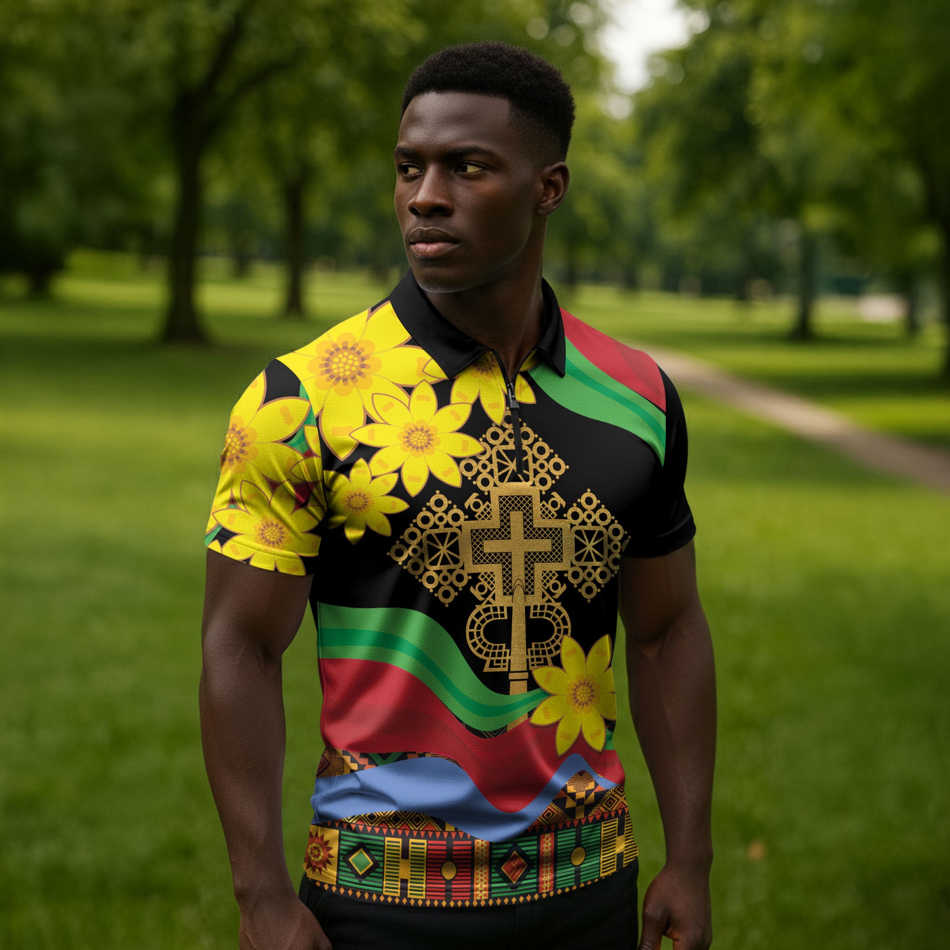 Eritrea Meskel Zipper Polo Shirt Eritrean Tribal Meskel Daisy Flag Inspired