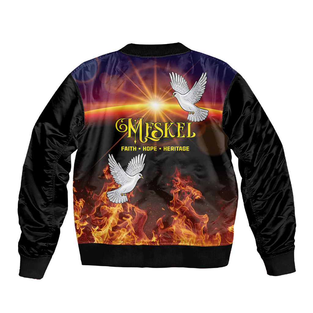 Eritrea Meskel Sleeve Zip Bomber Jacket Demera Cross Flames of Faith