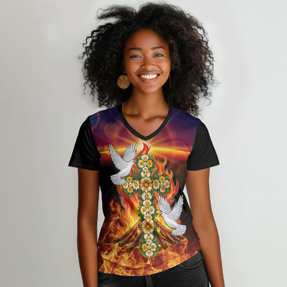 Eritrea Meskel Women V-Neck T-Shirt Demera Cross Flames of Faith