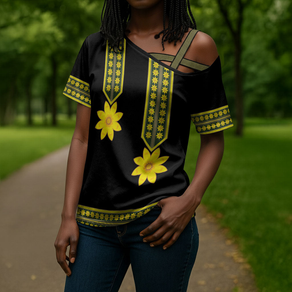 Ethiopian Enkutatash Cross Shoulder Shirt Black Adey Flower Tilet Habesha Inspired