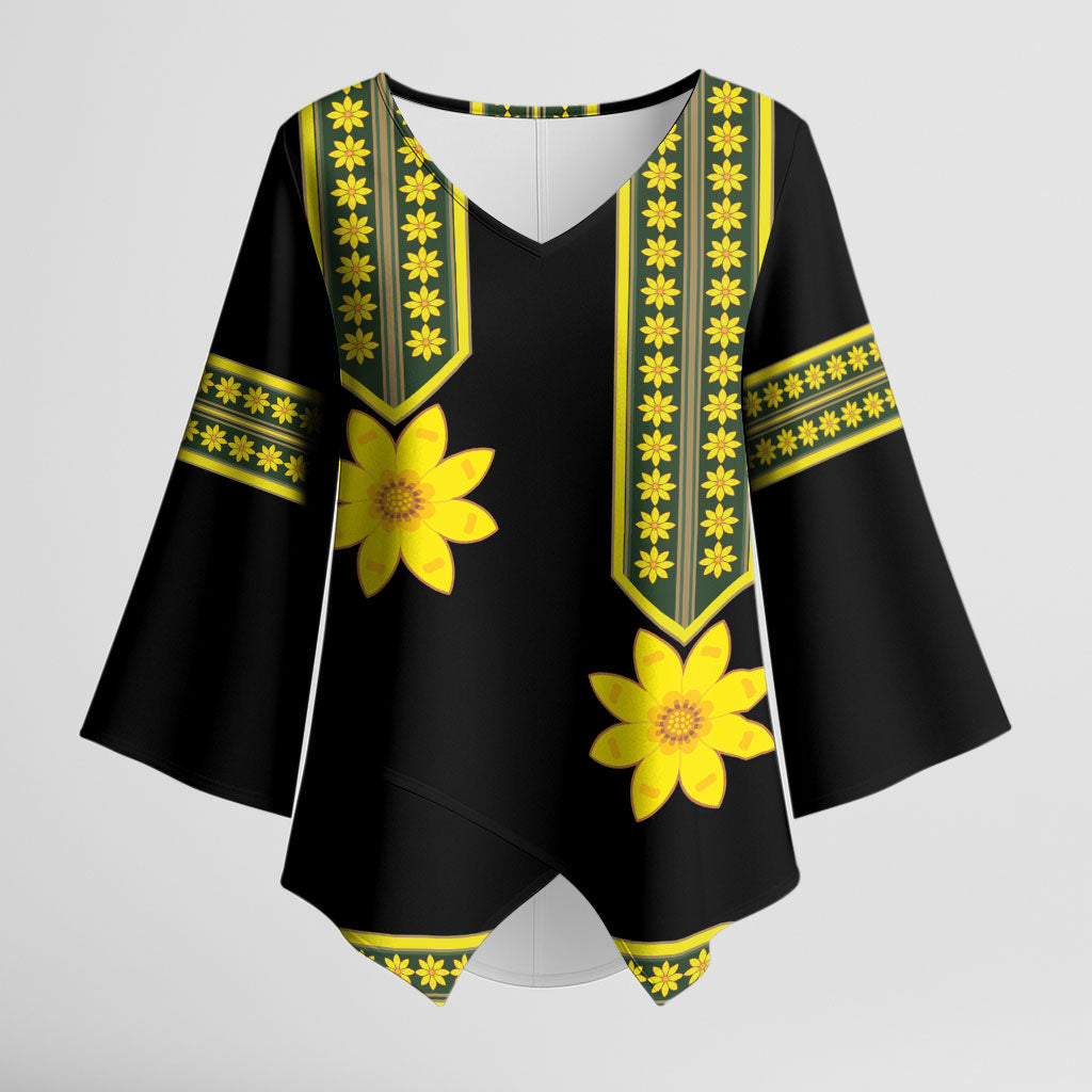 Ethiopian Enkutatash Kimono Sleeve Blouse Black Adey Flower Tilet Habesha Inspired