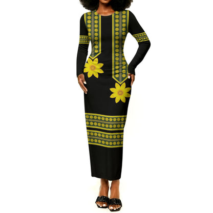 Ethiopian Enkutatash Long Sleeve Bodycon Dress Black Adey Flower Tilet Habesha Inspired