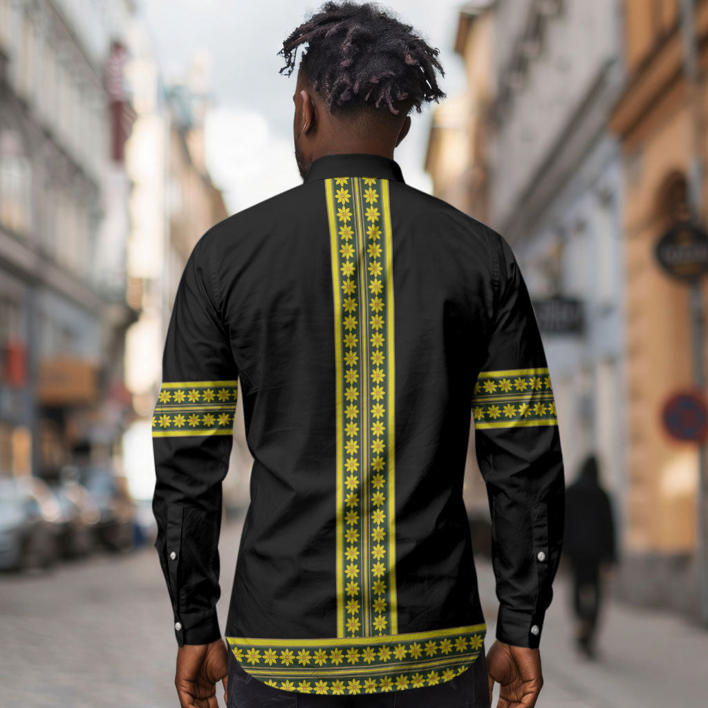 Ethiopian Enkutatash Long Sleeve Button Shirt Black Adey Flower Tilet Habesha Inspired